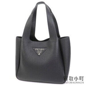 Prada Vitello Dino Soft Leather Tote Bag Metal Logo Black Fluted